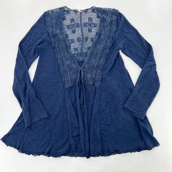 Free People Tops - Free People Womens XS Blue Top Crochet Details Snap Closure Linen Cotton Blend